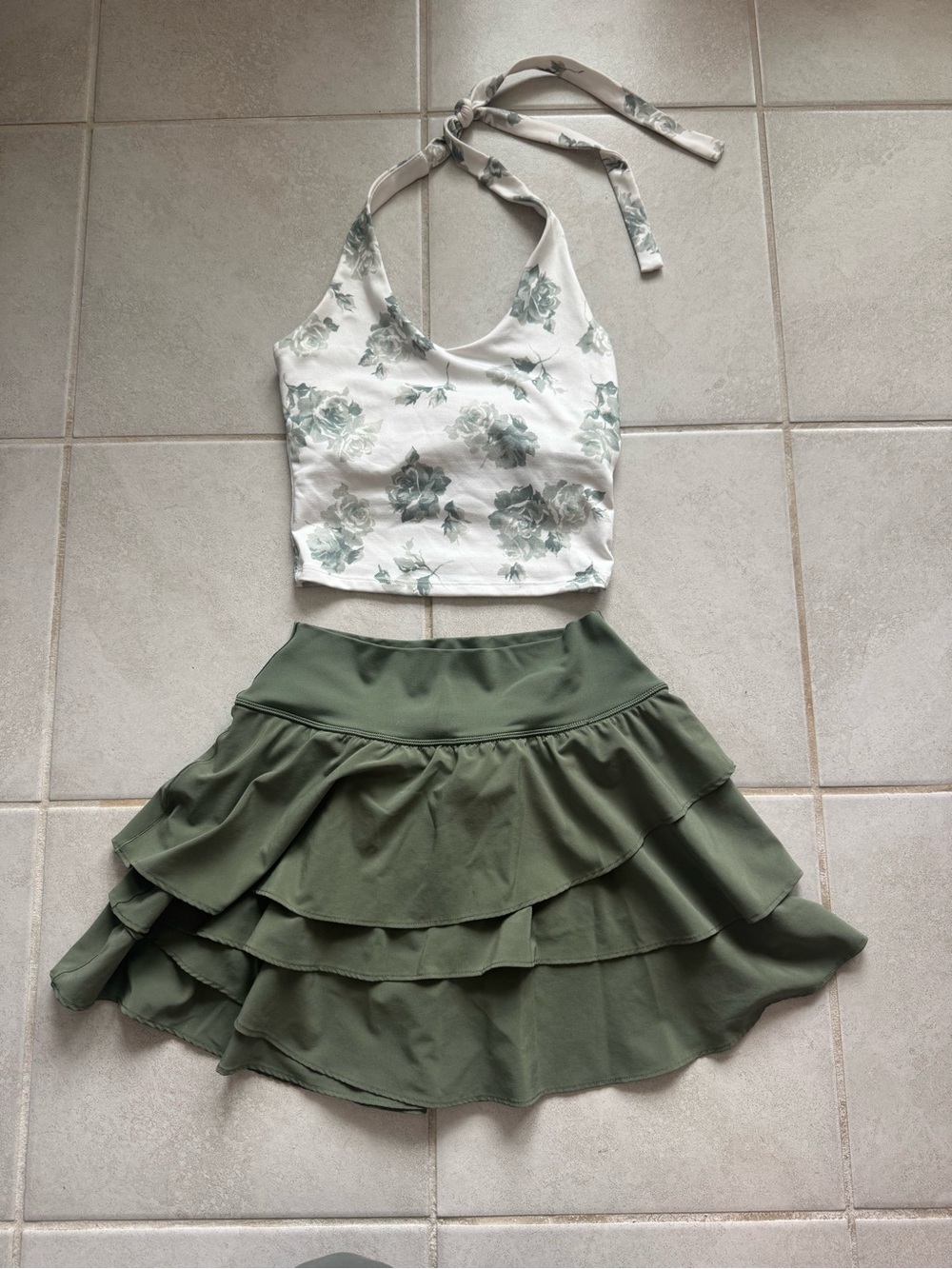 Small Aerie Tiered Ruffle Skort in Olive Green